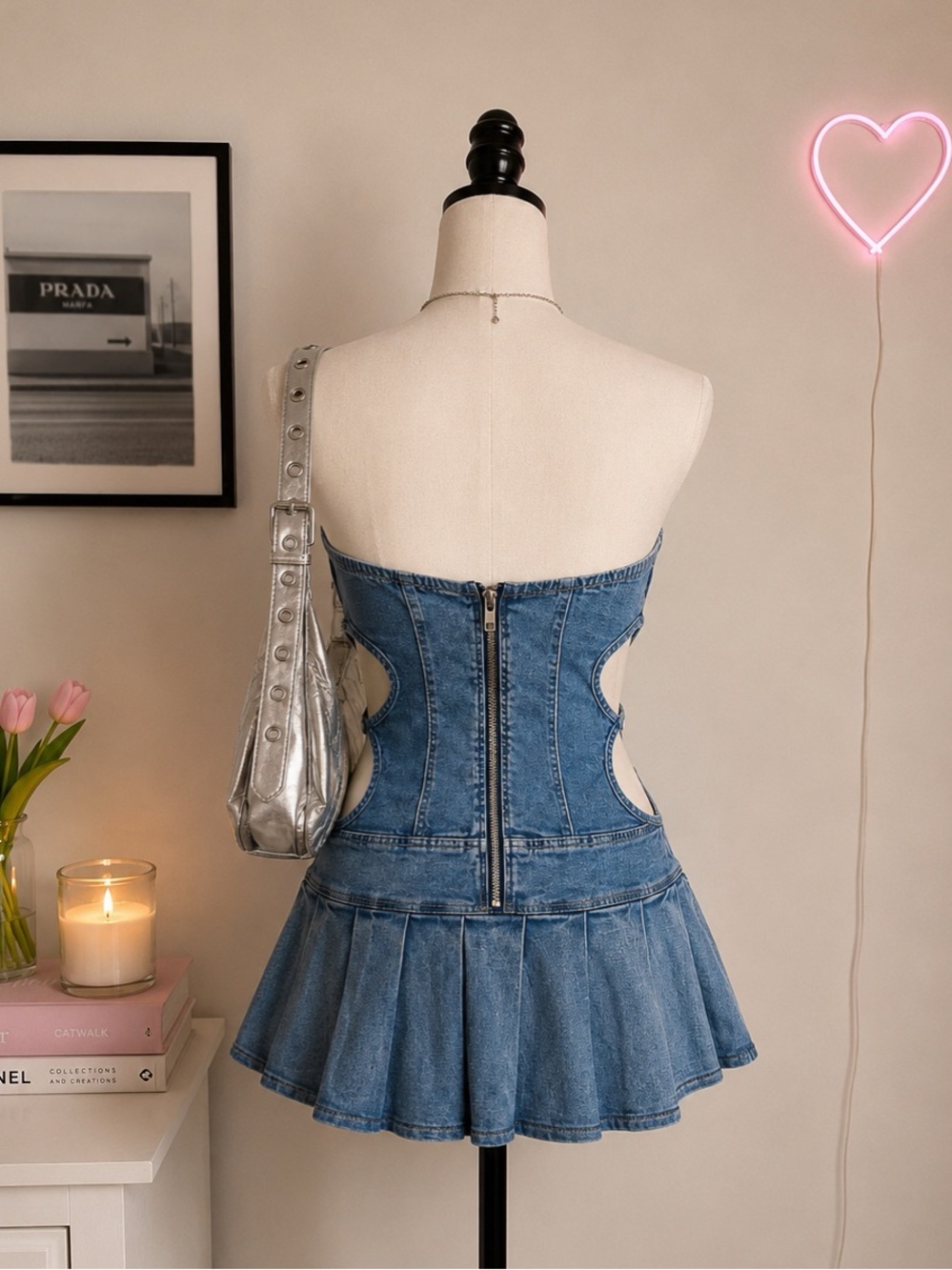 cute denim cutout drop waist pleated dress - Picture 2 of 3
